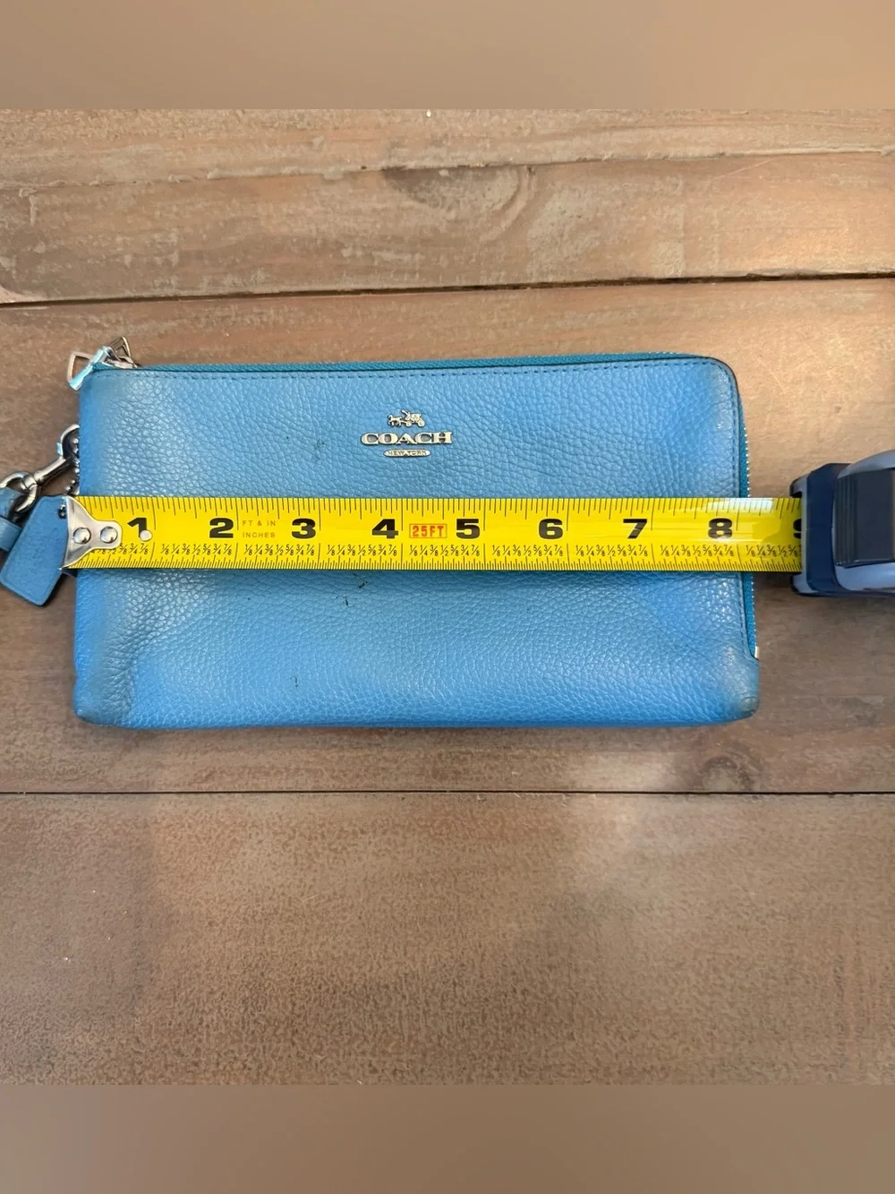 COACH BLUE PEBBLED LEATHER DOUBLE CORNER ZIP ZIPPER WRISTLET CLUTCH WALLET  Used